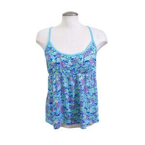 Womens Y2K Babydoll Cami Top Size L Blue Flowers Flamingos Dainty Cottage Fairy